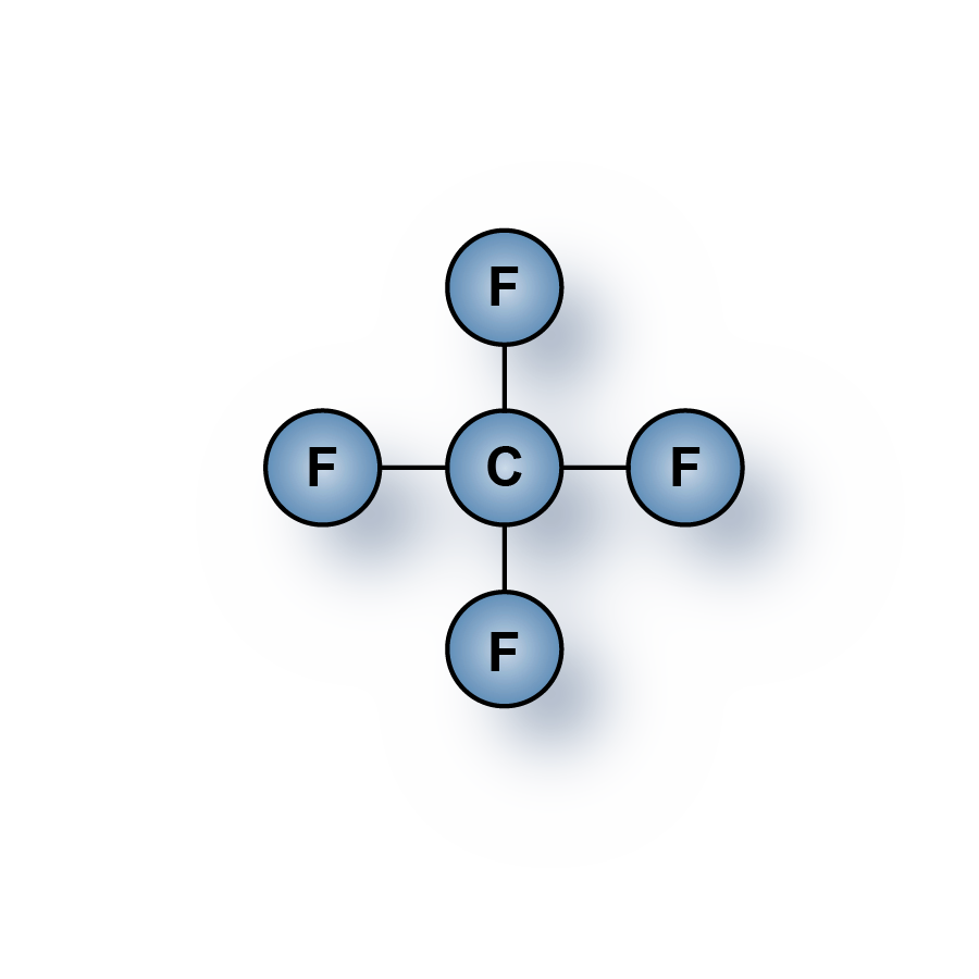 Highest purity Tetrafluoromethane gas (CF4) molecules displayed in their molecular structure